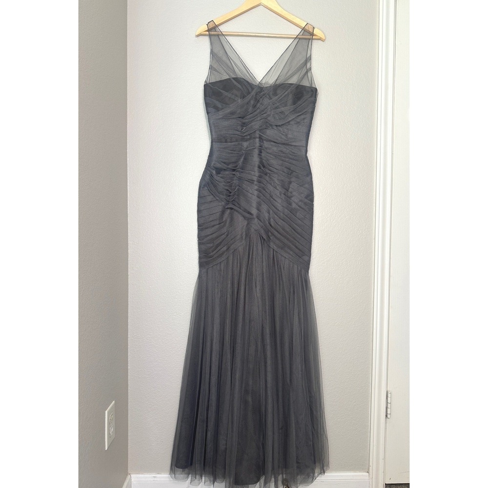 Monique Lhuillier Bridesmaids Tulle Mermaid Gown Size 8 Gray Ruched Sheer Formal